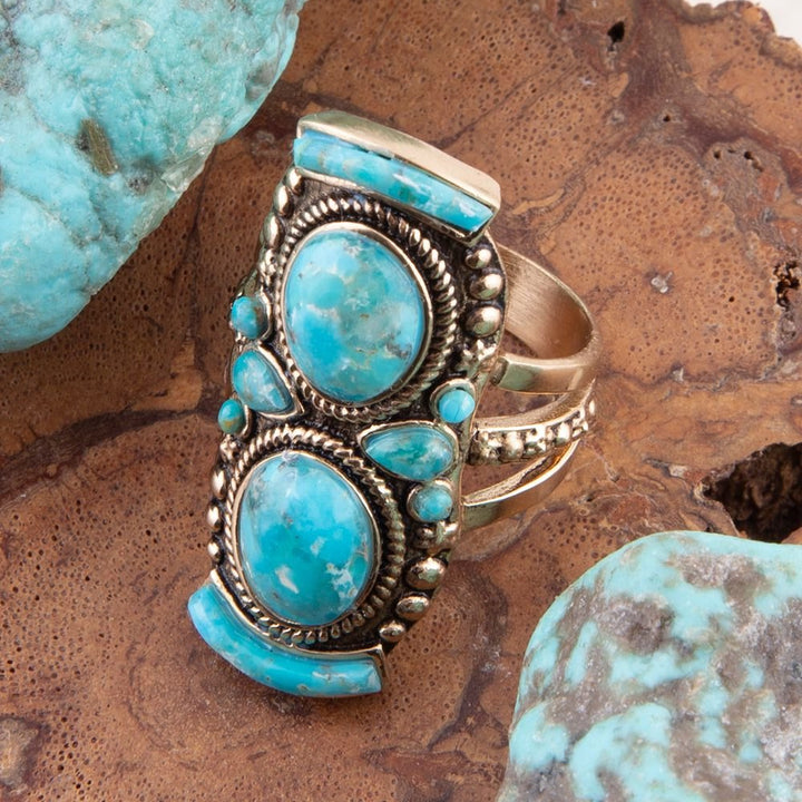 Double Blue Turquoise Golden Shield Ring from KADOU Boutique