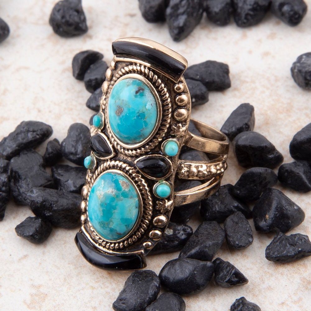 Double Up Blue Turquoise and Black Onyx Golden Ring from KADOU Boutique