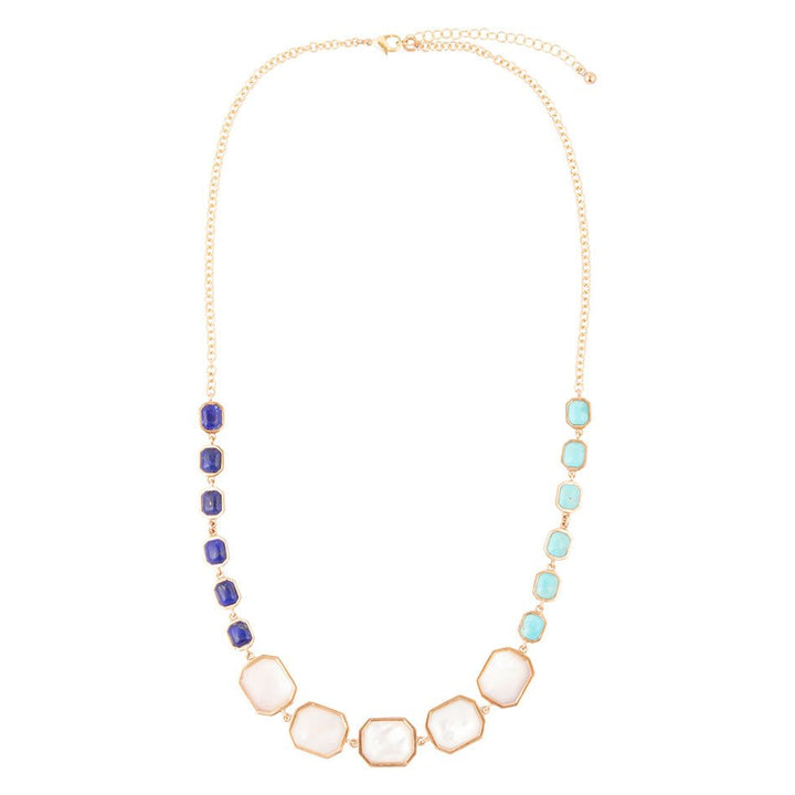 Dual Color Blue Lapis Turquoise and White Mother of Pearl Golden Necklace