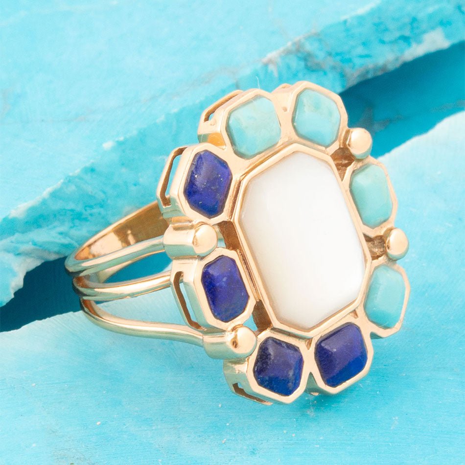 Dual Color Blue Lapis Turquoise and White Mother of Pearl Golden Ring from KADOU Boutique