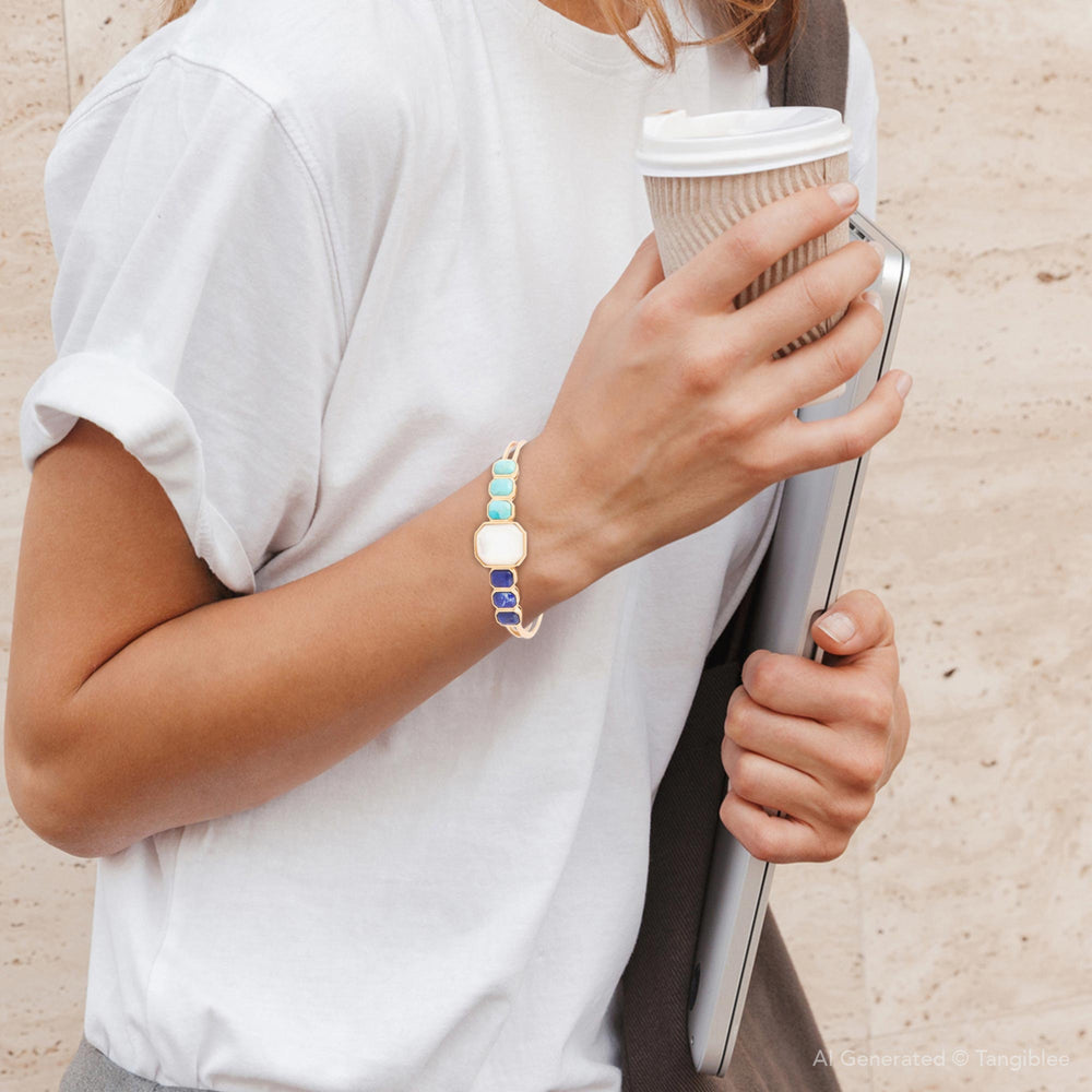 Dual Color Blue Lapis Turquoise and White Mother of Pearl Golden Cuff Bracelet from KADOU Boutique
