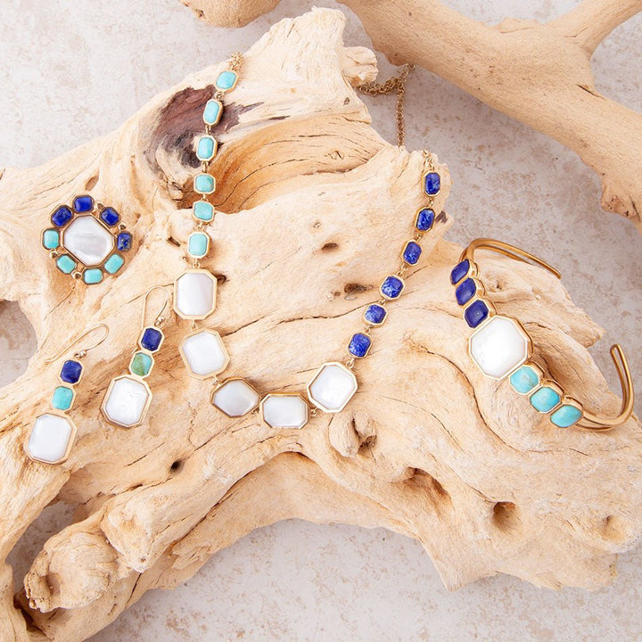 Dual Color Blue Lapis Turquoise and White Mother of Pearl Golden Ring