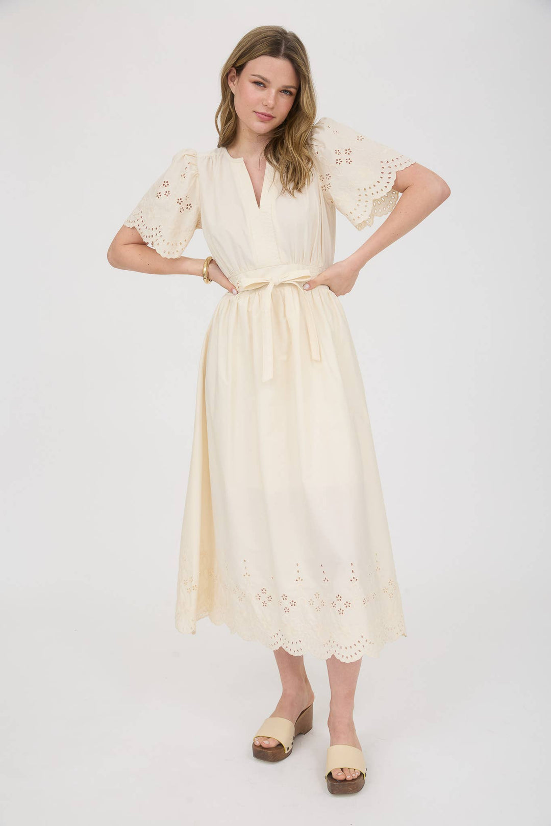 Eyelet Detail Belted Midi Dress