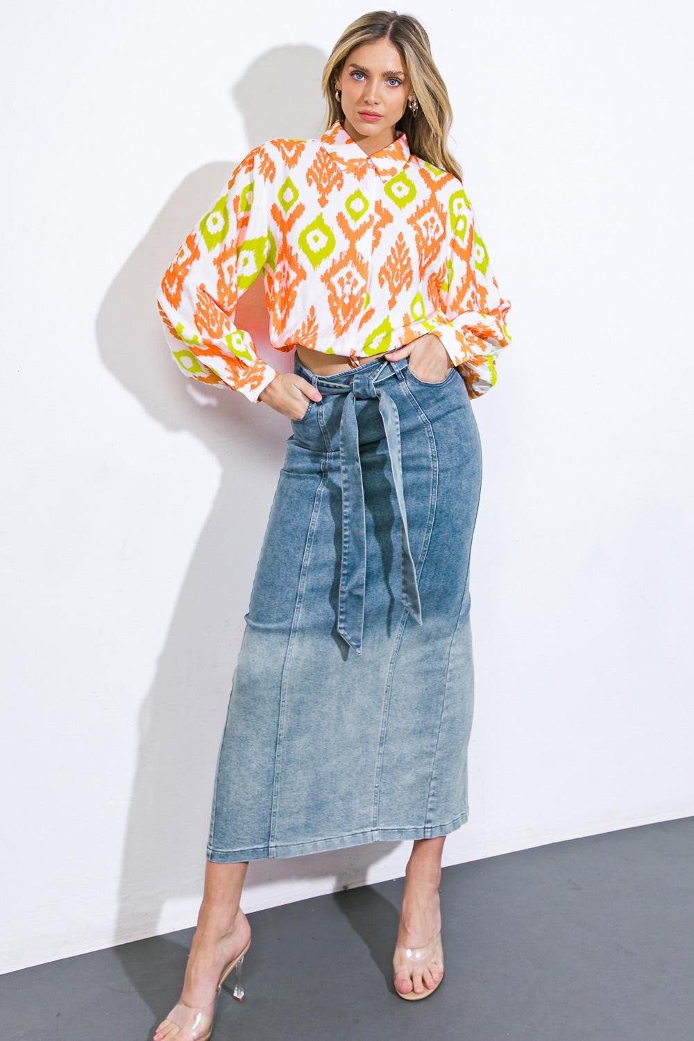 The Grass Is Greener Denim Midi Skirt from KADOU Boutique