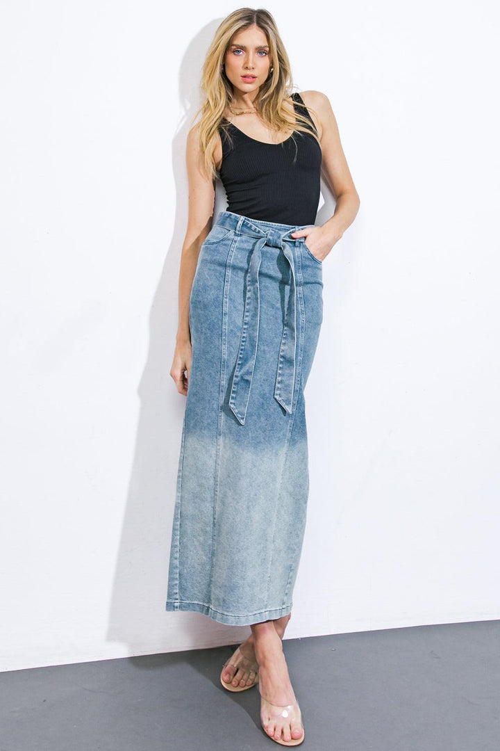 The Grass Is Greener Denim Midi Skirt from KADOU Boutique