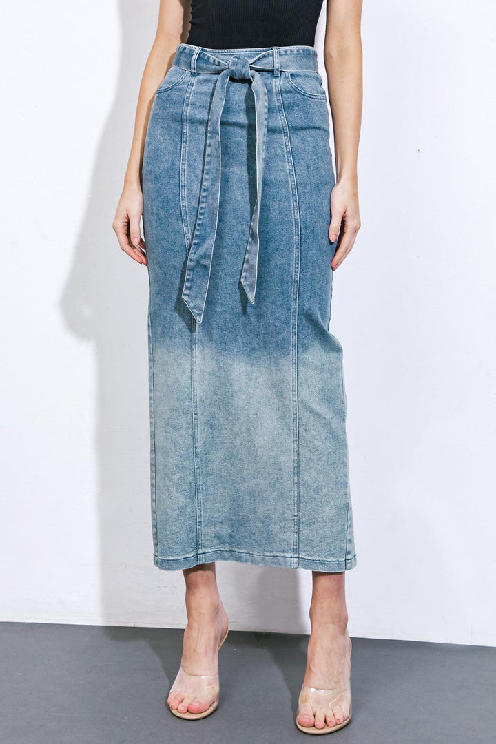 The Grass Is Greener Denim Midi Skirt from KADOU Boutique