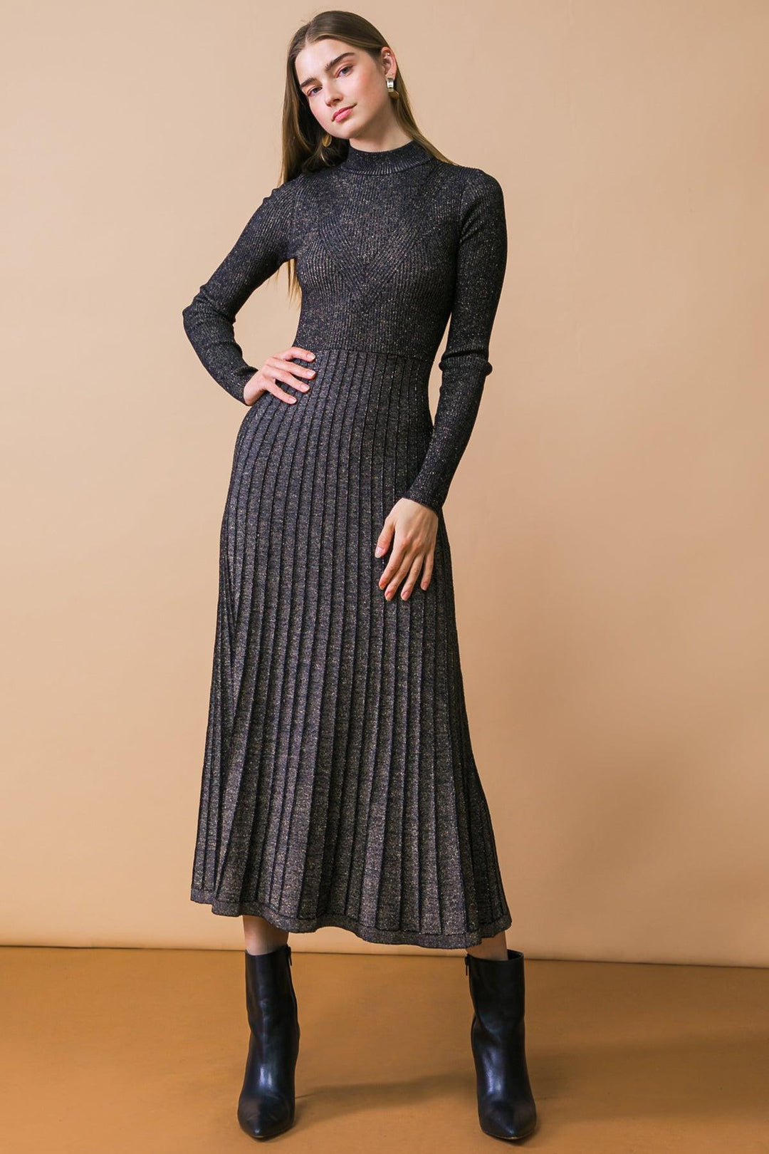 High neck black sweater midi dress with long sleeves