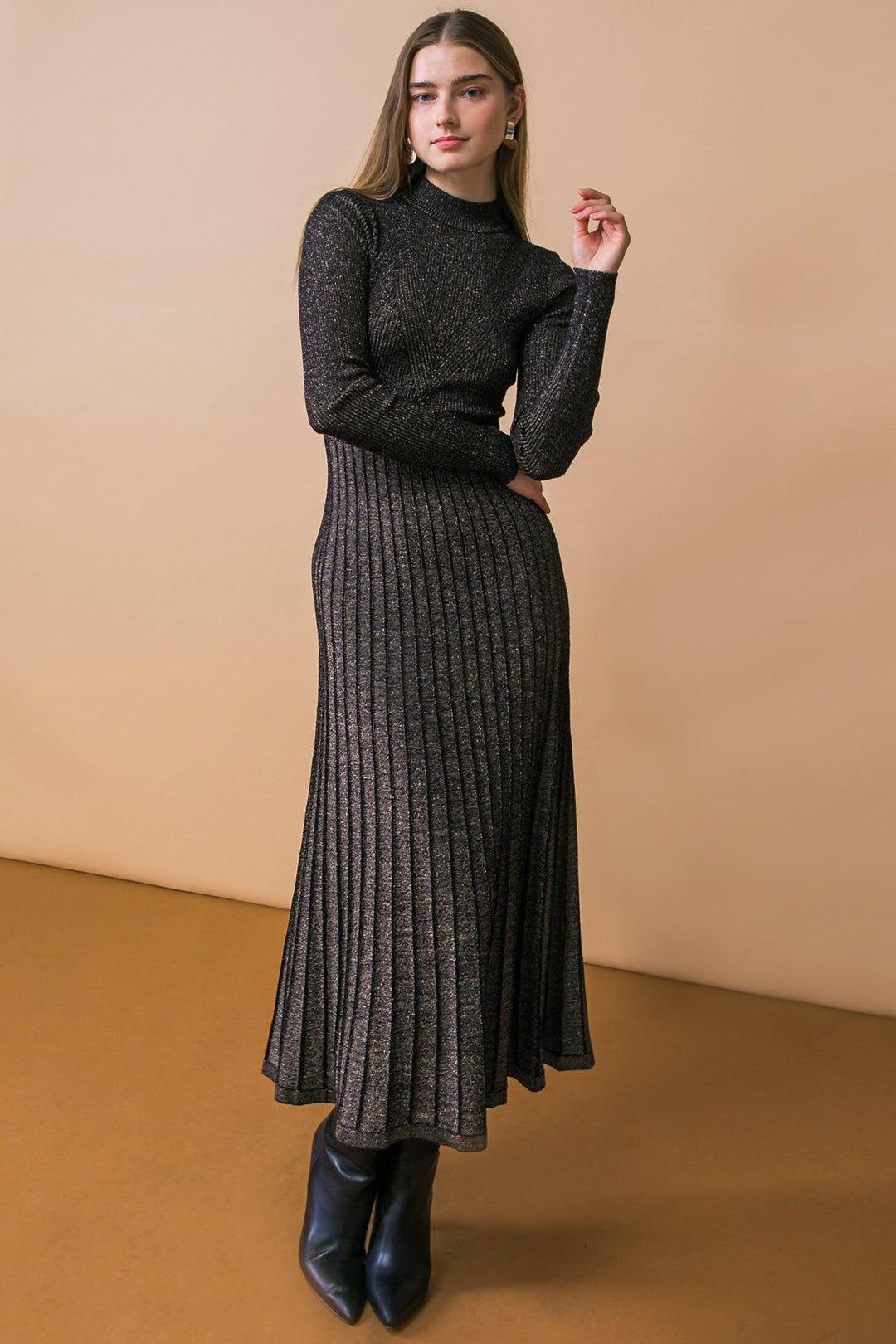 High neck black sweater midi dress with long sleeves