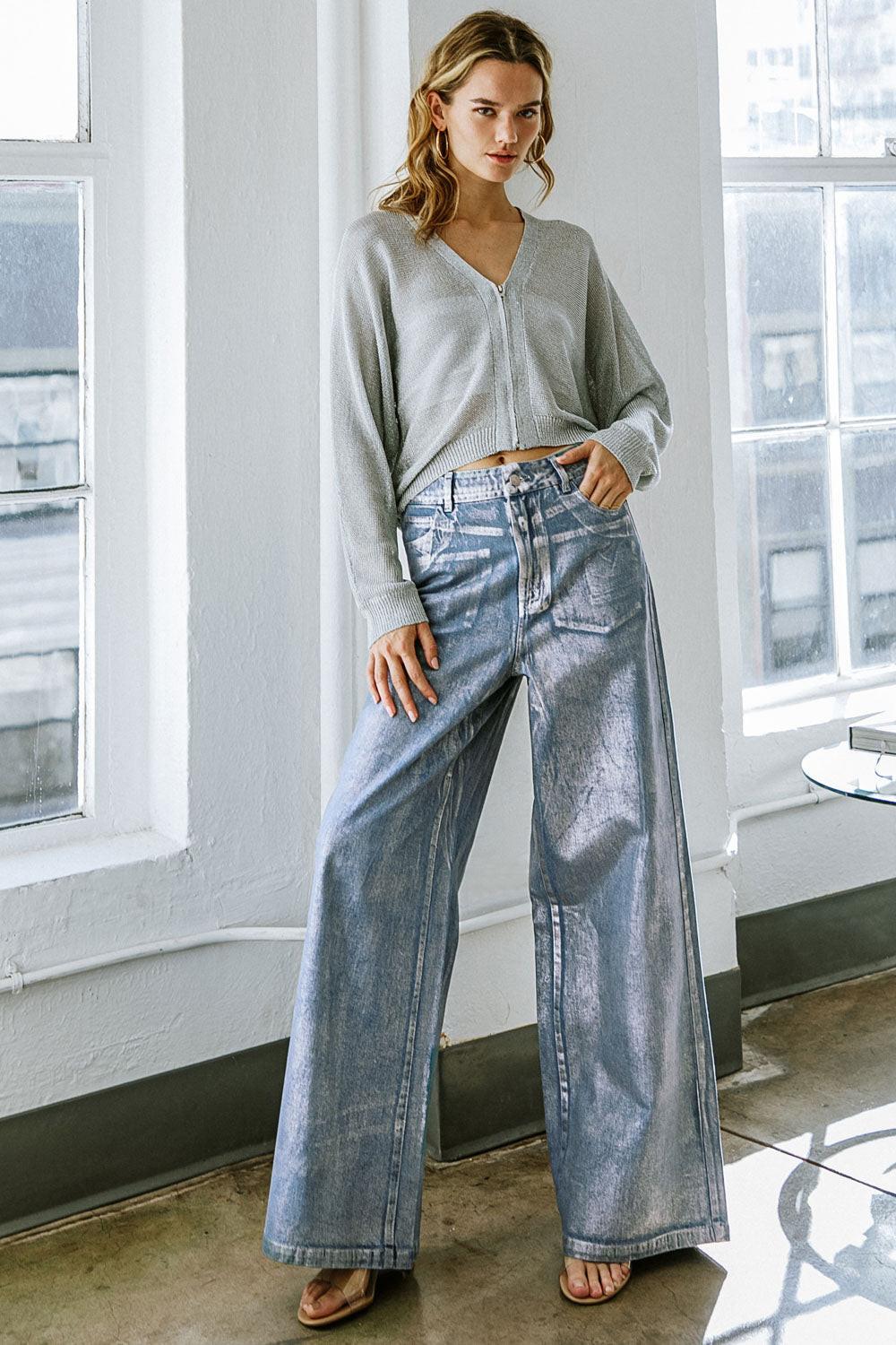 Peace and Joy Foil Coated Denim Pants from KADOU Boutique