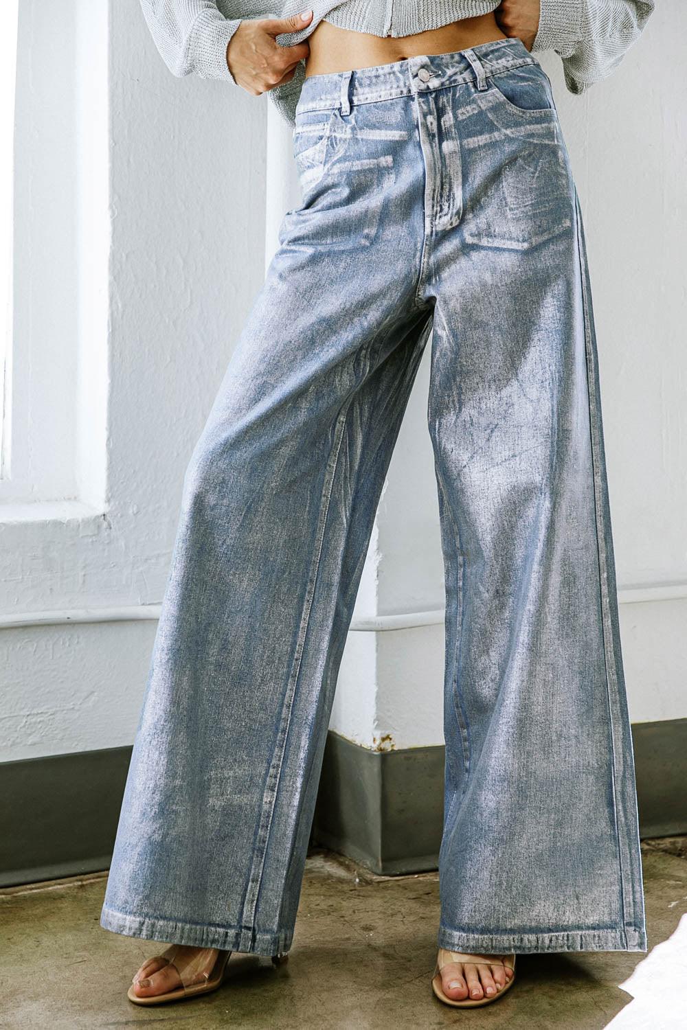 Peace and Joy Foil Coated Denim Pants from KADOU Boutique