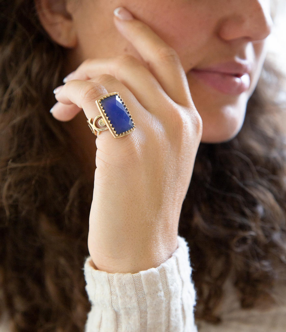 Filigreed Blue Agate Golden Statement Ring from KADOU Boutique