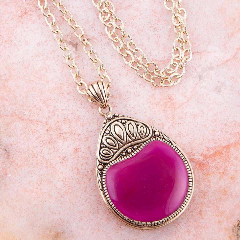 Flamenco Pink Magenta Agate Golden Pendant Necklace from KADOU Boutique
