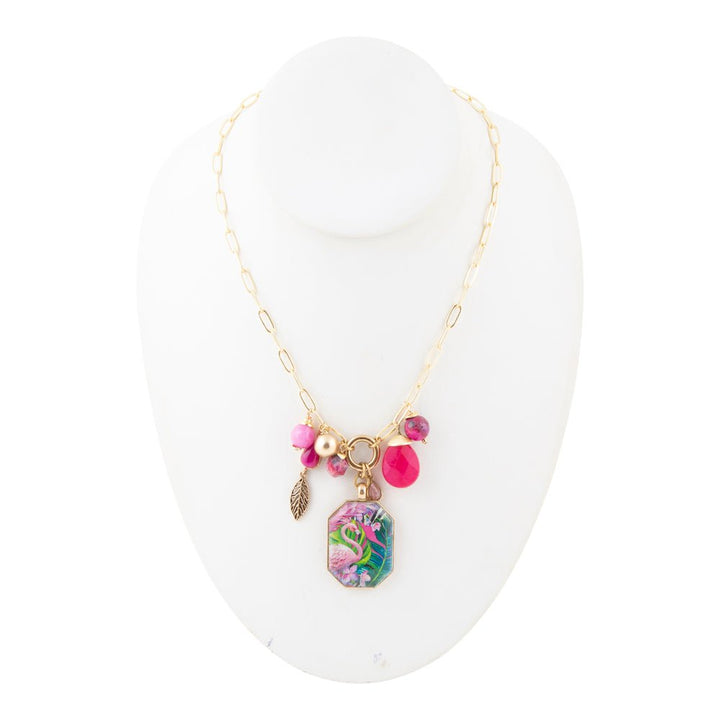 Flamingo Pink Agate Golden Pendant Necklace