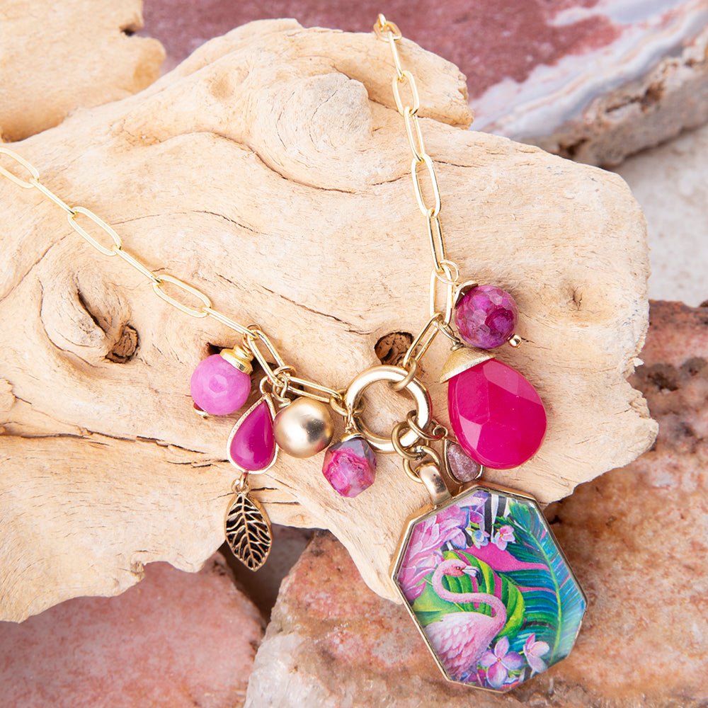 Flamingo Pink Agate Golden Pendant Necklace from KADOU Boutique