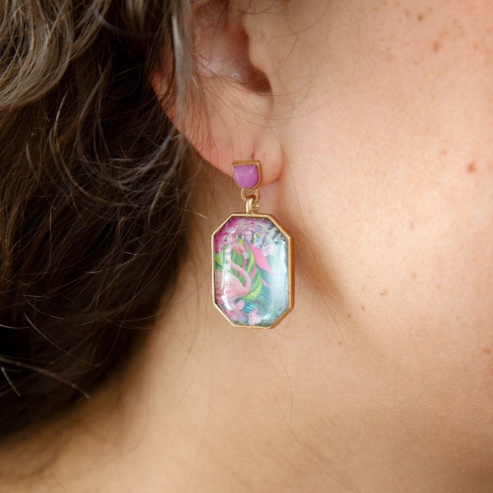 Flamingo Pink Agate Golden Post Drop Earrings from KADOU Boutique