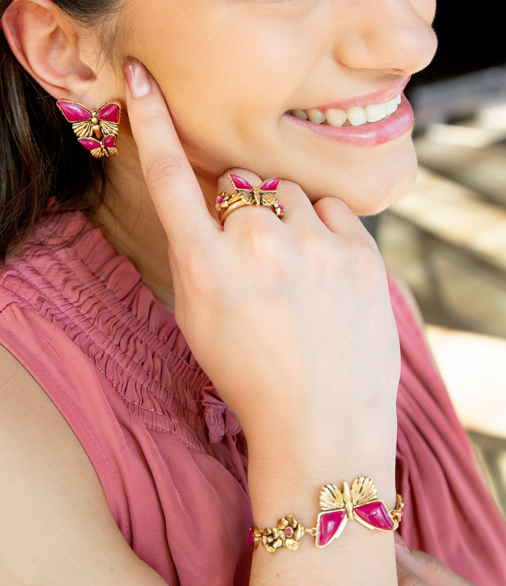 Pink Fuchsia Agate Golden Butterflies Triple Ring Set from KADOU Boutique