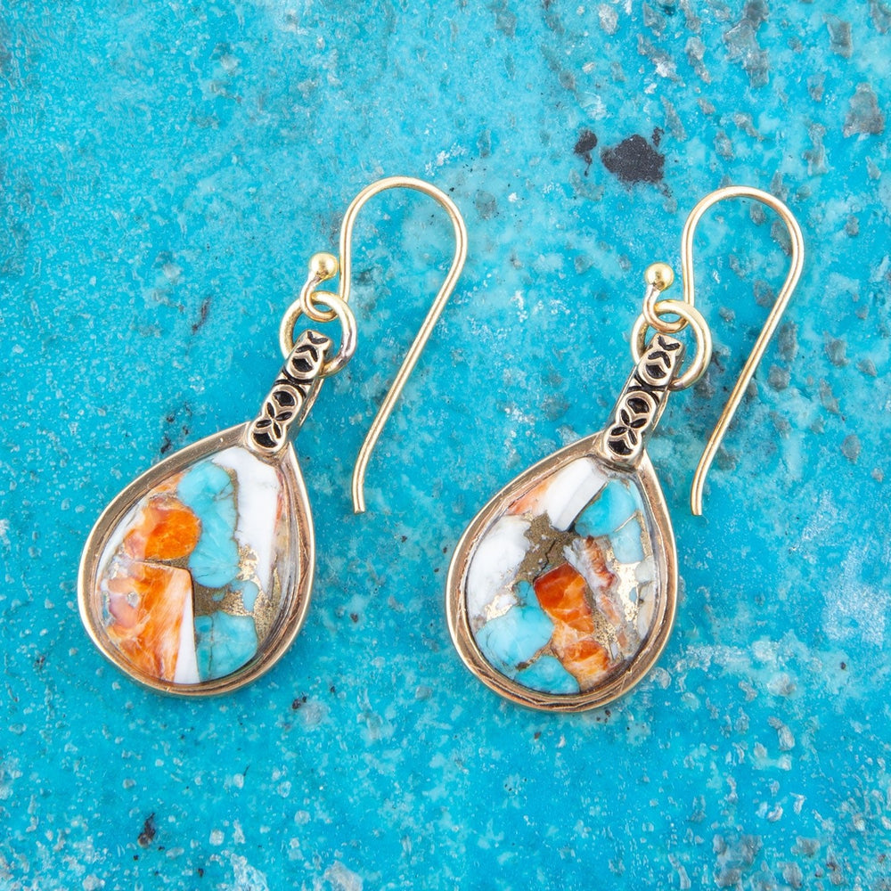 Blue and Orange Turquoise and Spiny Oyster Shell Stone Mix Golden Earrings from KADOU Boutique