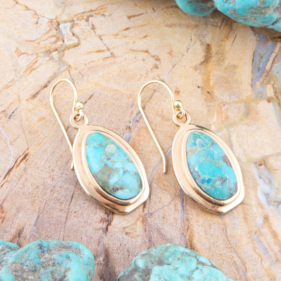 Genuine Blue Turquoise Golden Drop Earrings from KADOU Boutique