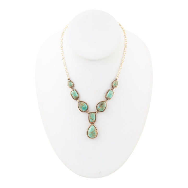 Genuine Blue Turquoise Roped Golden Bronze Y Necklace