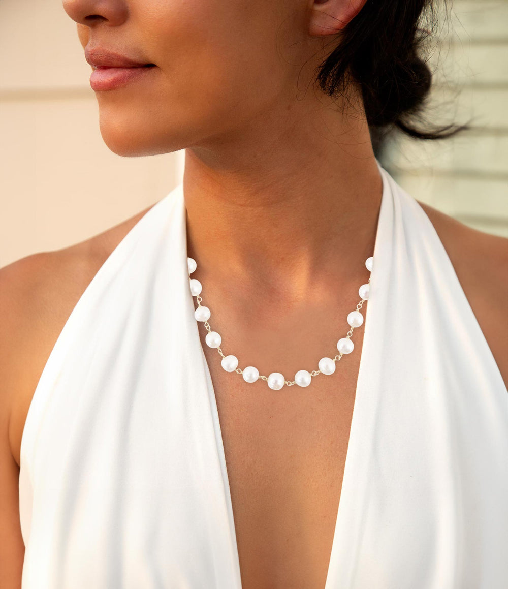Golden Chain and White Pearl Necklaces from KADOU Boutique