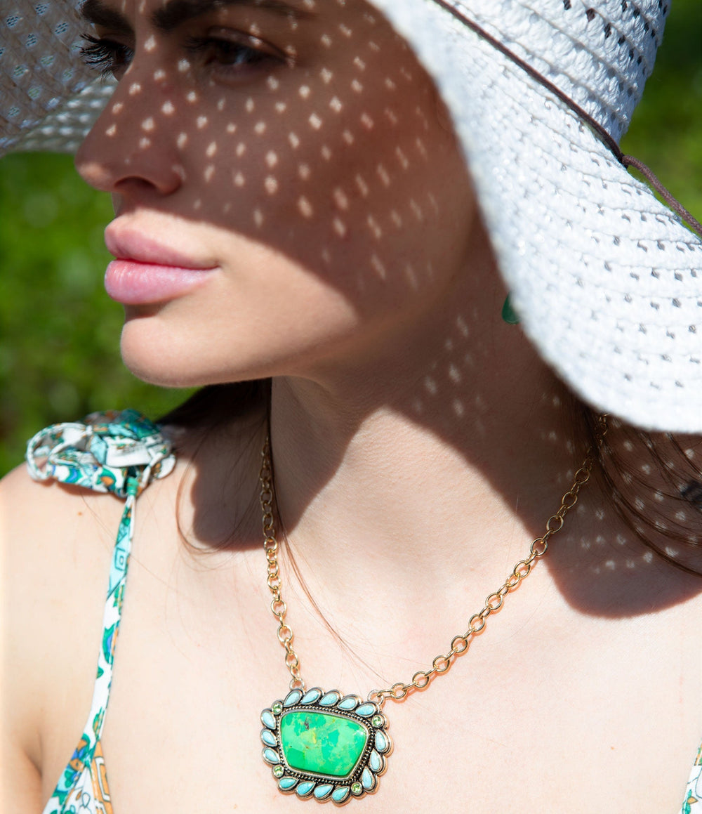 Legacy Lime Green and Blue Turquoise Golden Pendant Necklace from KADOU Boutique