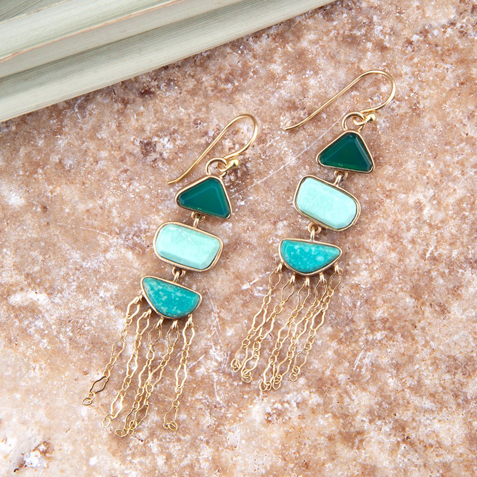Green Multi Stone Golden Drop Earrings from KADOU Boutique