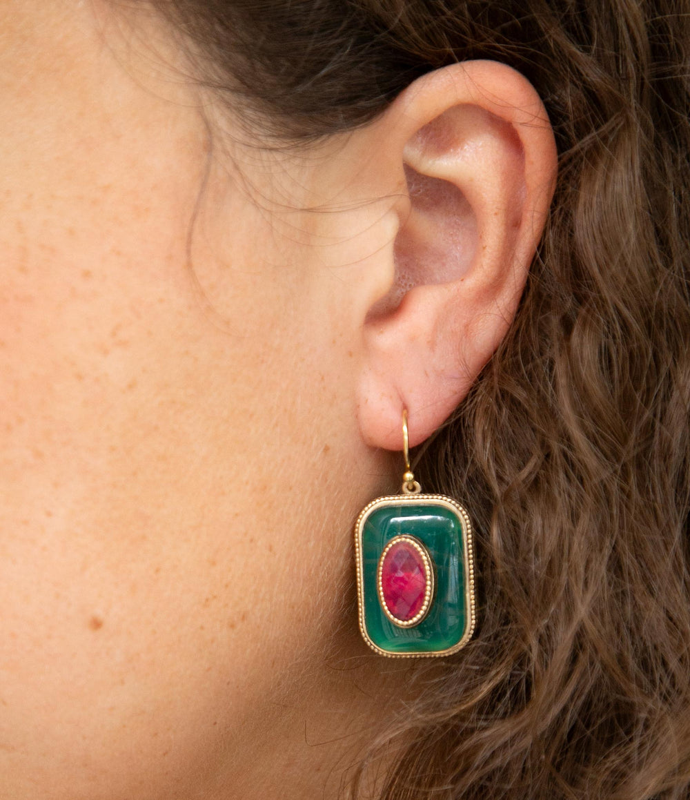 Green Onyx Stacked Red Stone Golden Drop Earrings from KADOU Boutique