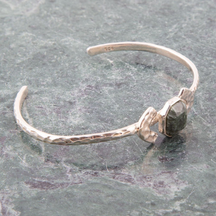 Hammered Green Seraphinite and Sterling Silver Cuff Bracelet