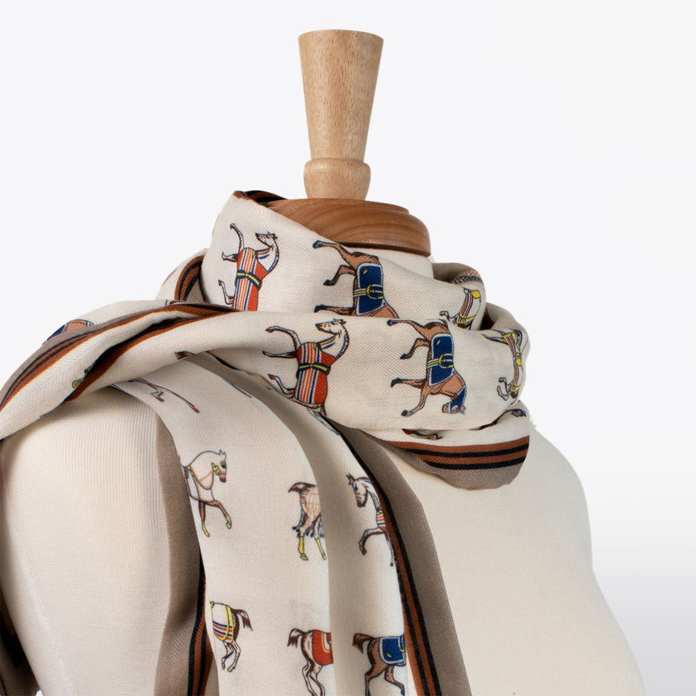 The Paddock Wrap- Equestrian Motif Double Sided Jacquard Scarf from KADOU Boutique