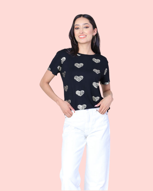 Black Tee With Heart Gold Print
