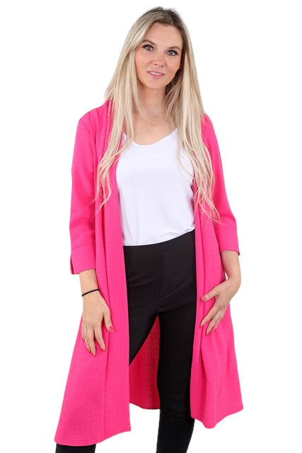 The model is showing the 3/4 Sleeve Long Cardigan in Fuchsia color. Available at Kadou Boutique.