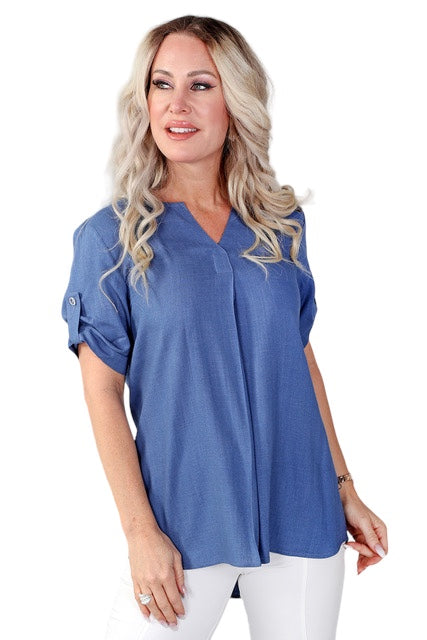 The V-Neck Short Sleeves Top in Blue.