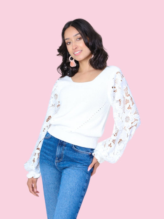 White Knitted Long Sleeve Top