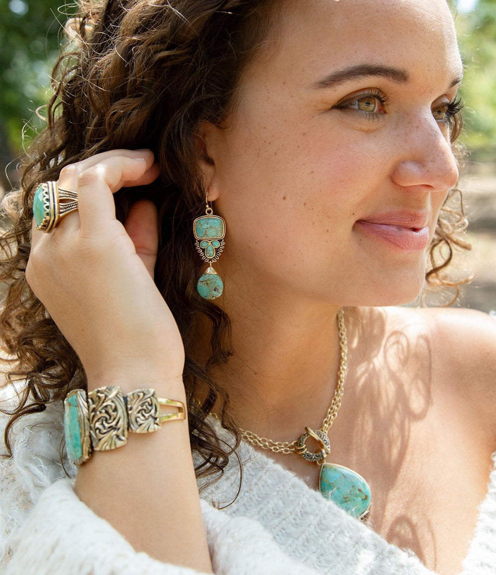 Imara Blue Turquoise and Golden Statement Earrings from KADOU Boutique