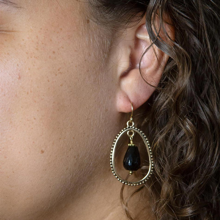 Inline Black Onyx Drop Golden Earrings