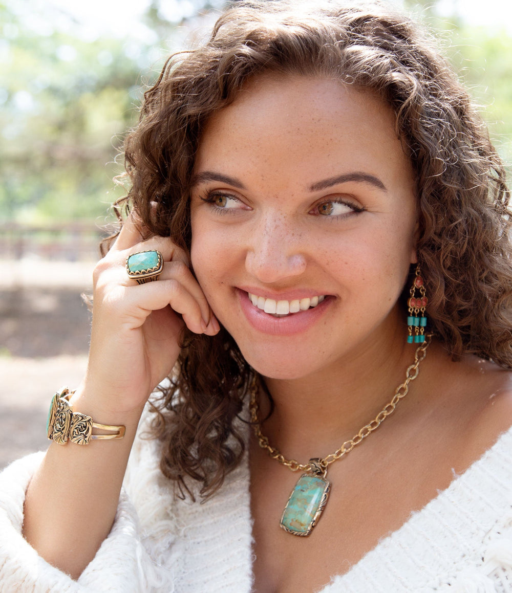 Jacquard Blue Turquoise Golden Pendant Necklace from KADOU Boutique