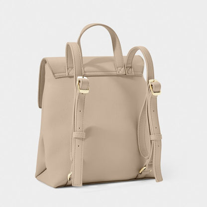 The Demi Backpack in light taupe, a back view.