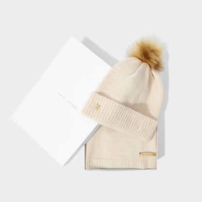Showing the Knitted Hat and Scarf Set in Eggshell color with the white box that come in it, great for gifting.