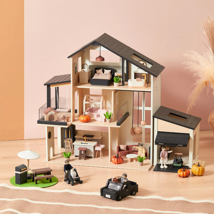 Sweet Family Gift Set: Black Dollhouse &amp; Dollhouse Garage &amp; Extra Dolls Set