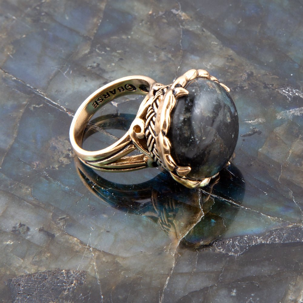 Black Labradorite and Golden Statement Ring from KADOU Boutique