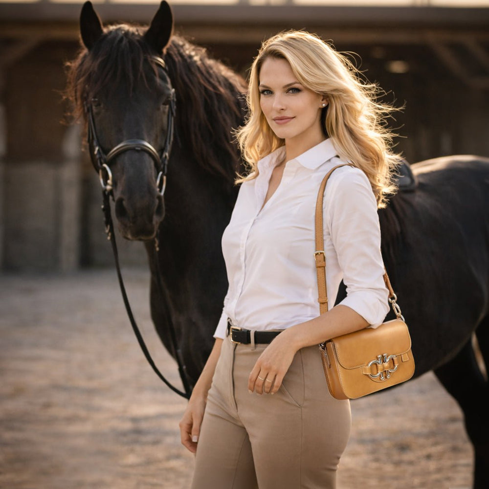 Lana - Horse Bit Crossbody Luxury Leather Bag in Caramel from KADOU Boutique