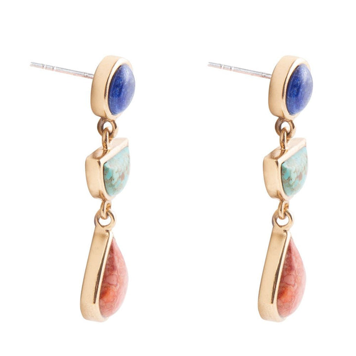 Blue Lapis Turquoise and Orange Sponge Coral Colorful Golden Drop Earrings
