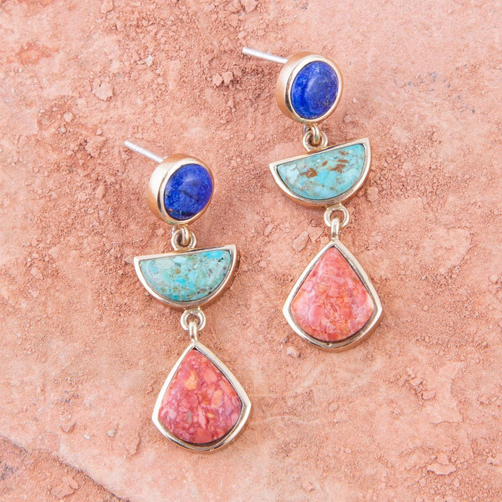 Blue Lapis Turquoise and Orange Sponge Coral Colorful Golden Drop Earrings