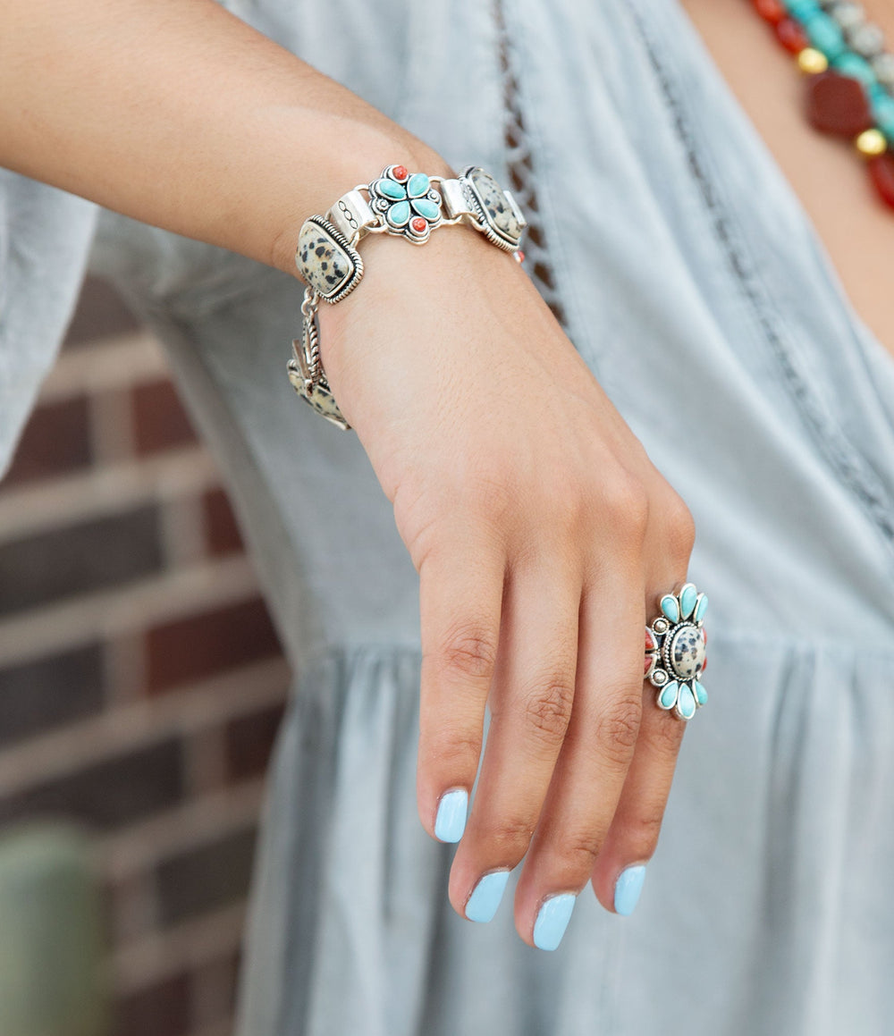 Legacy Blue Turquoise and Dalmatian Jasper Golden Bracelet from KADOU Boutique