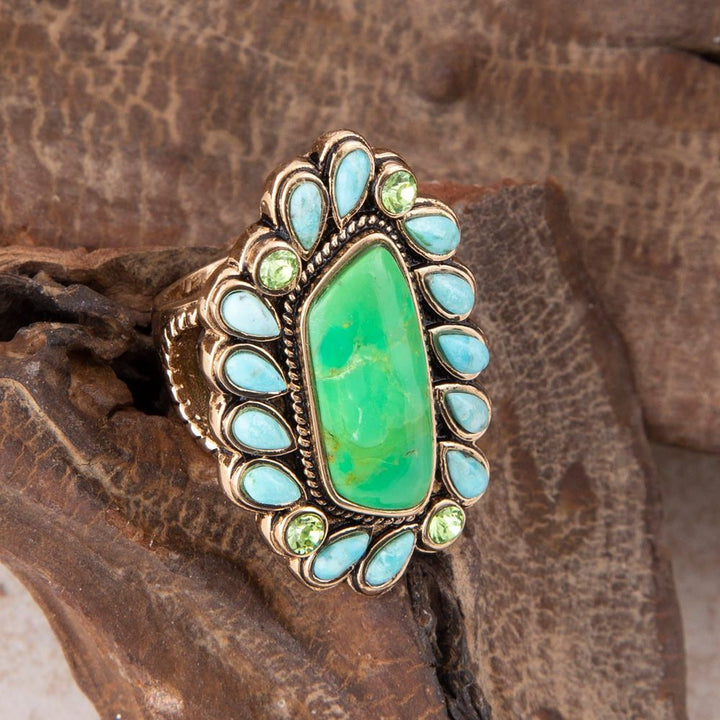 Legacy Lime Green and Blue Turquoise Golden Statement Ring from KADOU Boutique