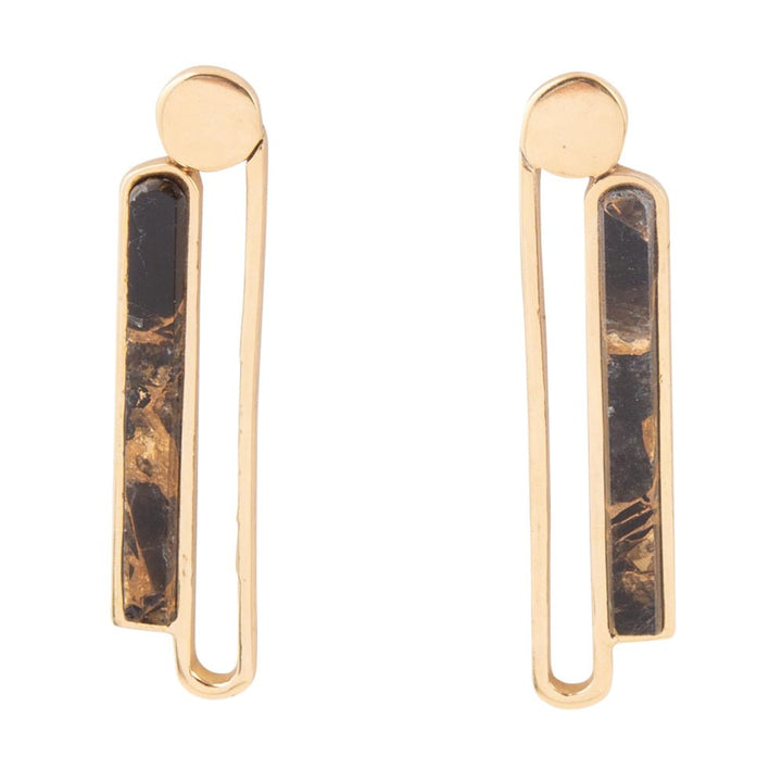 Linear Black and Gold Shungite Matrix and Golden Bronze Earrings