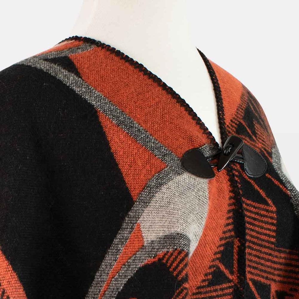 Adina - Equestrian Motif Shawl in Tangerine, Charcoal and Black Luxe Wrap from KADOU Boutique