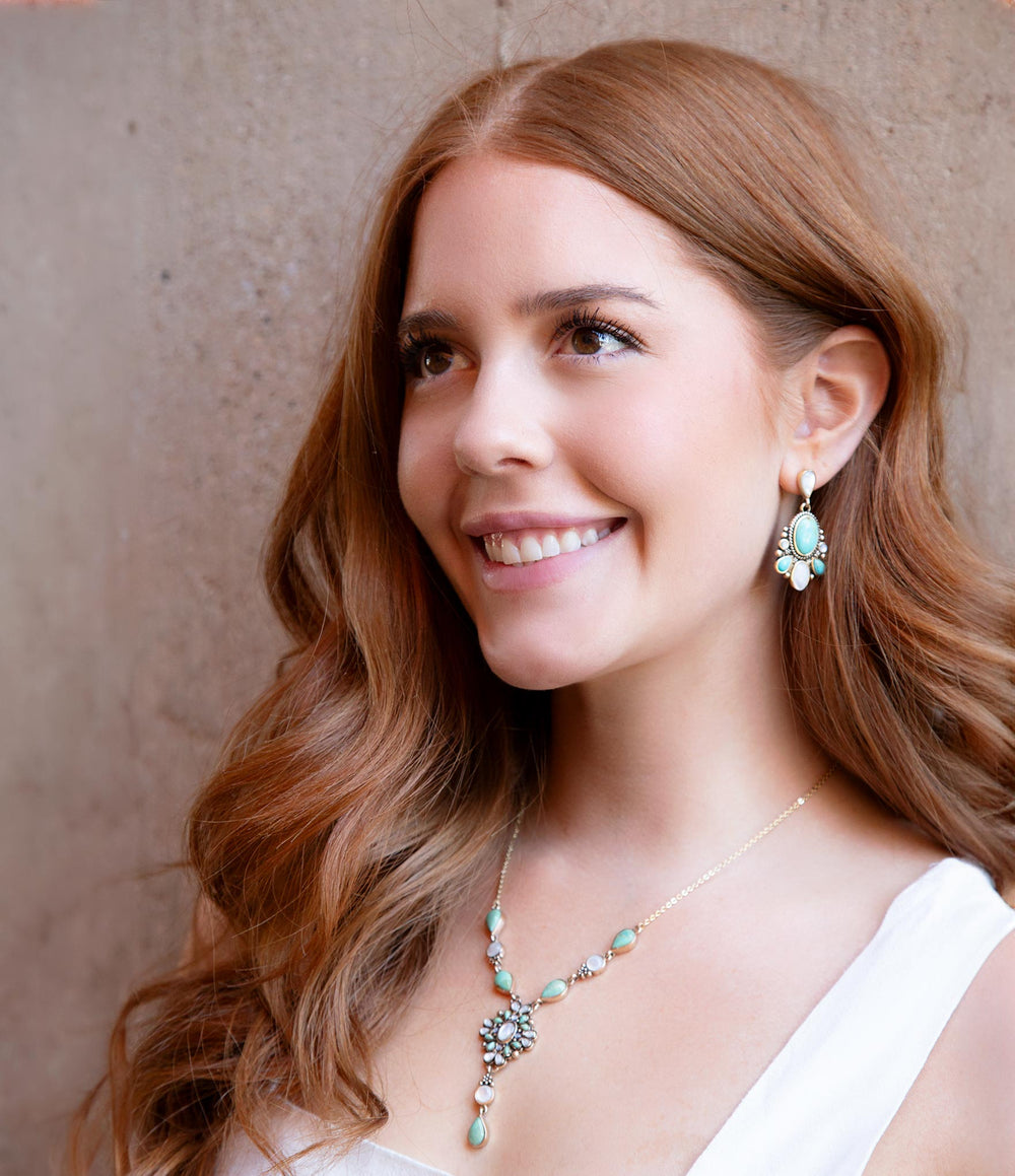White Mother of Pearl and Blue Turquoise Golden Barcelona Y-Necklace from KADOU Boutique