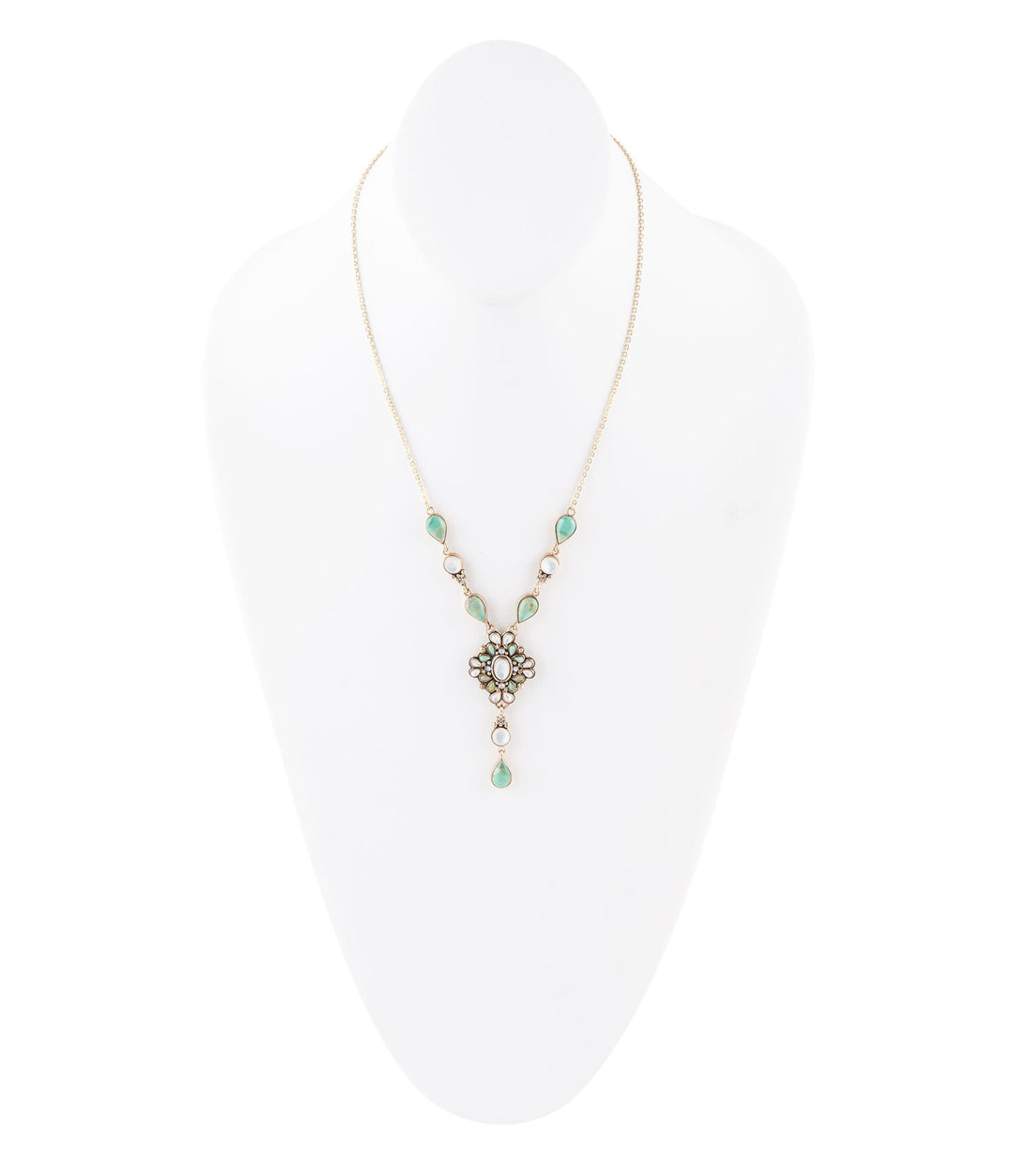White Mother of Pearl and Blue Turquoise Golden Barcelona Y-Necklace from KADOU Boutique