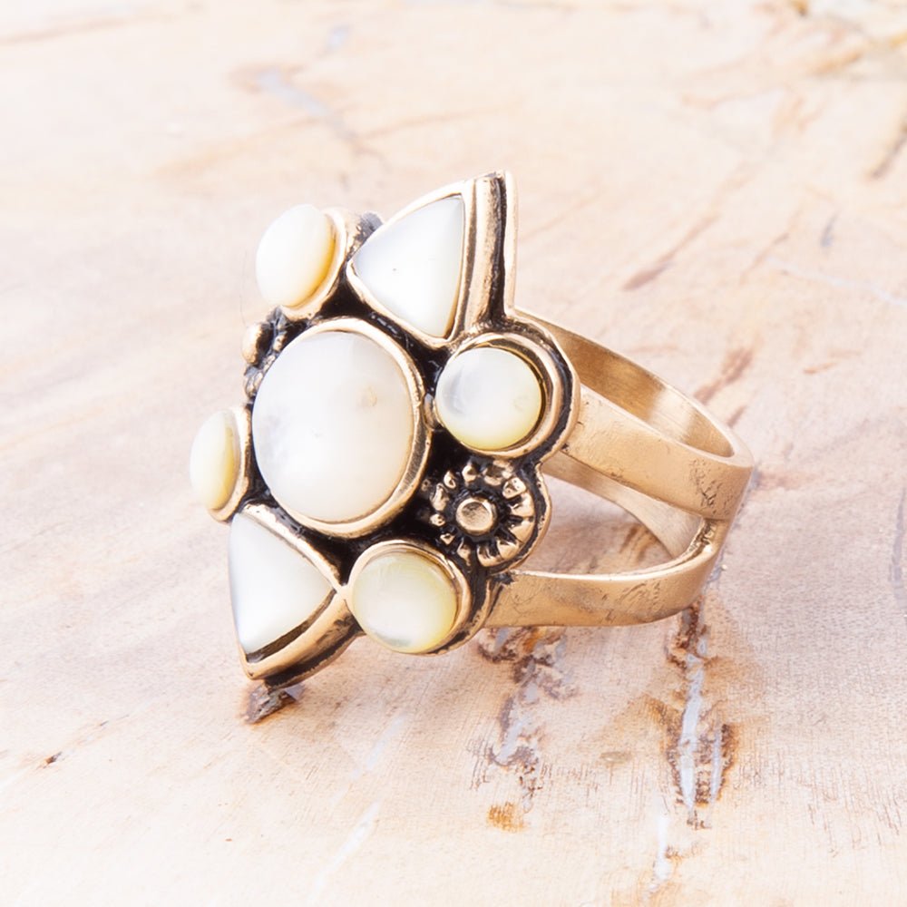 White Mother of Pearl Golden Statement Ring from KADOU Boutique